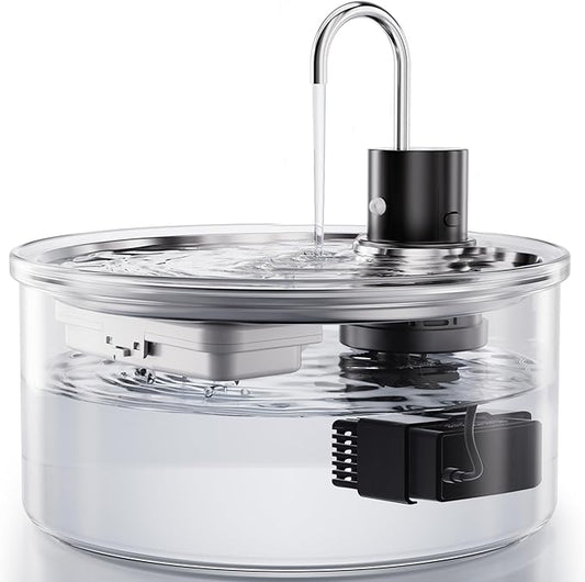 Wireless Cat Water Fountain Glass - 108oz/3.2L Automatic Ultra-Quiet Cat Water Fountain with Filter, Glass Battery Operated Pet Fountain Rechargeable Water Dispenser for Cats, Puppy, Multiple Pets