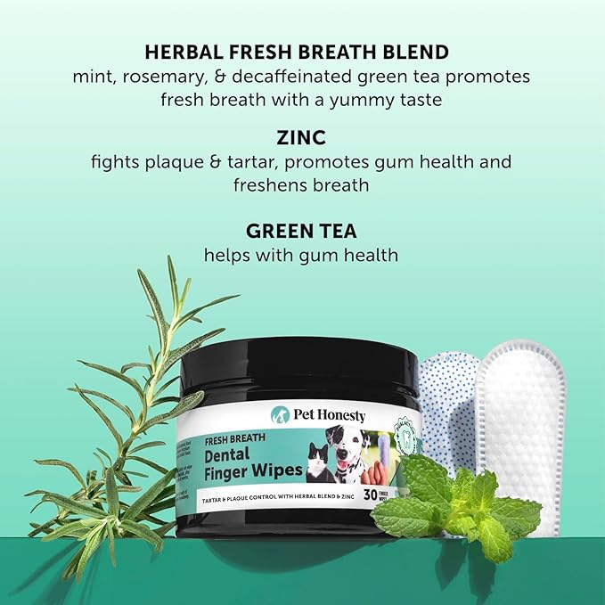 Dog Dental Finger Wipes for Teeth Cleaning Plaque Off - Dental Care for Dogs & Cats, Stain & Tartar Remover for Teeth, Finger Toothbrush Wipes, Gum Care with Zinc, Green Tea, + Postbiotics - 30 ct