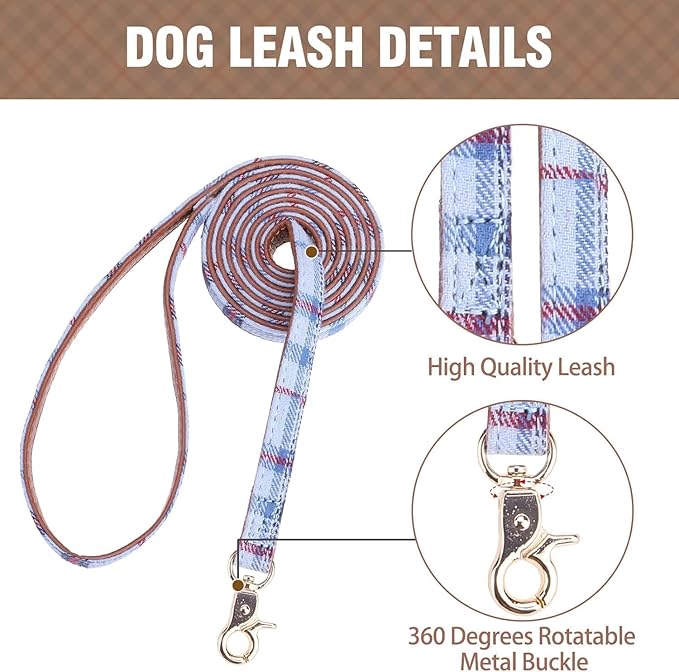 KOOLTAIL Small Dog Collar and Leash Set with Bowtie and Bells - Cute Puppy Bandana Collar and Leash for Male with Classic Plaid Pattern, Soft Leather Tangle Free Leashes for Small Dogs Boys Girls,Blue