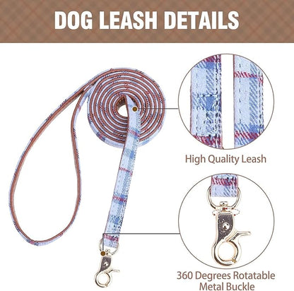 KOOLTAIL Small Dog Collar and Leash Set with Bowtie and Bells - Cute Puppy Bandana Collar and Leash for Male with Classic Plaid Pattern, Soft Leather Tangle Free Leashes for Small Dogs Boys Girls,Blue