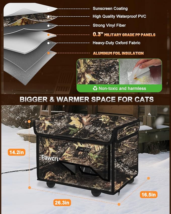 Heated Cat House for Outside with Dual Doors, Insulated Cat House Outdoor with Heating Pad, Weatherproof Heated Outdoor Cats Houses Waterrproof for Feral Cats (Leaf, 17" L x 12" W x 13" H)