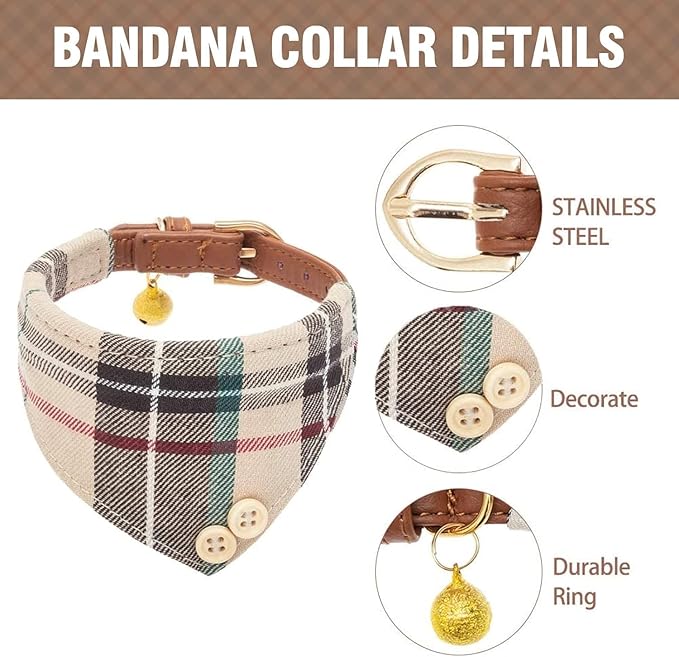 KOOLTAIL Small Dog Collar and Leash Set with Bowtie and Bells - Cute Puppy Bandana Collar and Leash with Classic Plaid Pattern, Soft Leather Tangle Free Leashes for Small Boys Girls Dogs,Cats,Beige XS