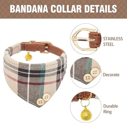 KOOLTAIL Small Dog Collar and Leash Set with Bowtie and Bells - Cute Puppy Bandana Collar and Leash with Classic Plaid Pattern, Soft Leather Tangle Free Leashes for Small Boys Girls Dogs,Cats,Beige XS