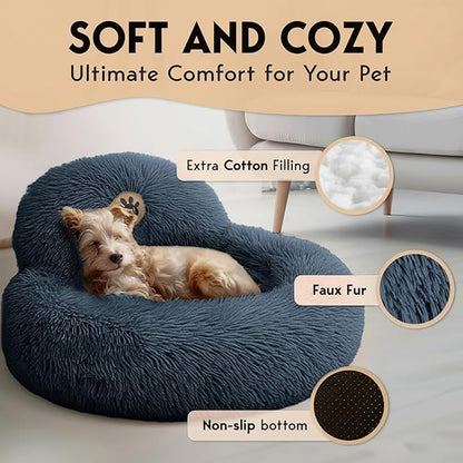 PetJett Calming Small Dog Bed - 23'' Round Dog Beds, Anti-Slip & Washable Puppy Bed - Super Soft Fluffy Plush Faux Fur Pet Bed, Anti-Anxiety Premium Comfort Donut Bed, Fits Dogs upto 25 lbs, Dark Gray