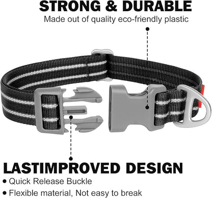 Tacwild Adjustable Reflective Dog Collar, Puppy Collar with D-Ring Buckle - Durable Safety Nylon Dog Collars for Medium Dogs (Black-M)