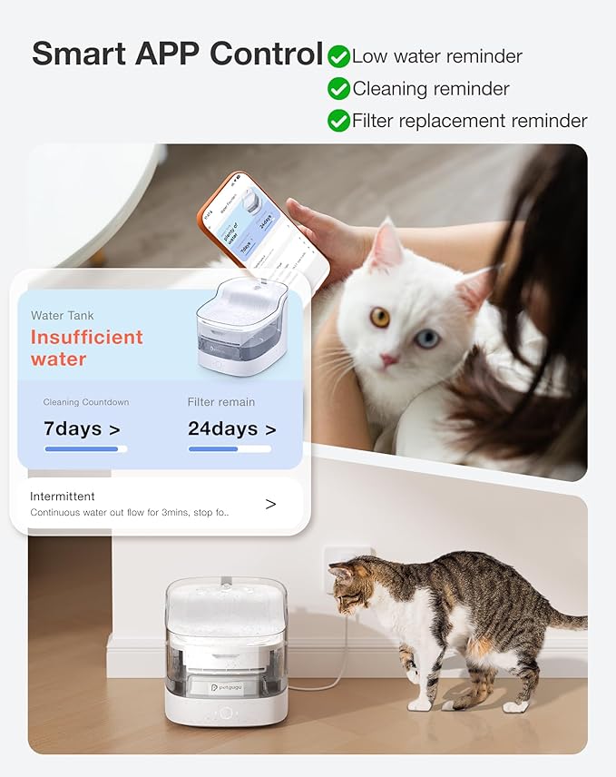 PETGUGU Cat Water Fountain, Automatic Water Dispenser, 2L Pet Water Fountain Transparent Water Tank, 8 Layers Filters Cat Fountain Dog Water Fountain Wireless Pump 2.4G WiFi PF1L