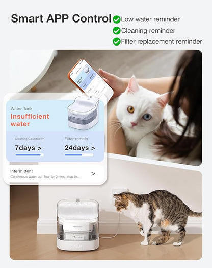 PETGUGU Cat Water Fountain, Automatic Water Dispenser, 2L Pet Water Fountain Transparent Water Tank, 8 Layers Filters Cat Fountain Dog Water Fountain Wireless Pump 2.4G WiFi PF1L