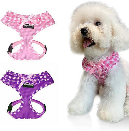 SuperBuddy Upgraded Soft Mesh Dog Harness, Super Breathable Lightweight Pet Harnesses for Puppy Dogs Outdoor Walking, Pink and Purple Dog Harness Set Packing-XSmall