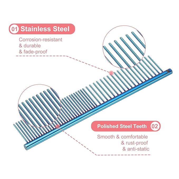 PETAXCELL Dog Cat Comb, Pet Combs Stainless Steel Teeth with Rounded Ends for Knots Mats Loose Hair Removal, 6.5IN (Blue Plated, 3 Pack), Grooming Tool Intended for Long Curly Hair Pet
