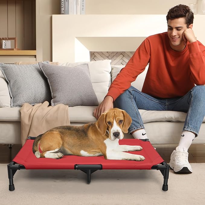 Love&go Elevated Dog Bed with Metal Frame, Cooling Raised Pet Cot for Dog and Cat (M - Red, Medium-29.9x19.5x5.5 inch)