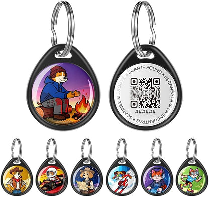 QR Code Dog Tag and Cat Tag, Scan to Reunite Faster, Waterproof and Durable, Lightweight and Quiet, Updatable Contact Info, with Eye-Catching Pet Character Design, Black-Happy Camper