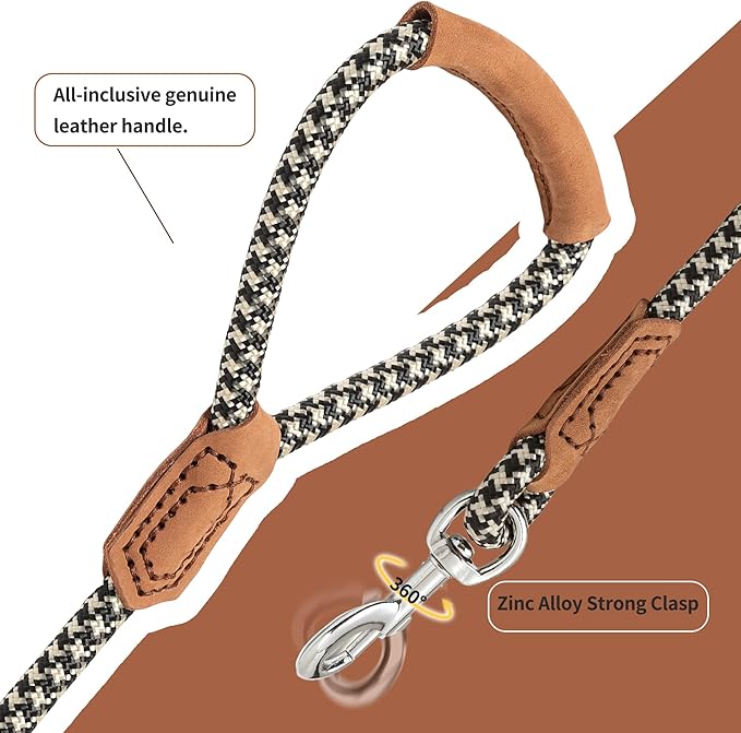 Mile High Life | Premium Leather Handle Dog Leash | Strong Rope Leash | Zinc Alloy Strong Clasp | Small Medium Large Dogs | 4/5/6 Feet(Black Khaki, 60 Inch (Pack of 1))