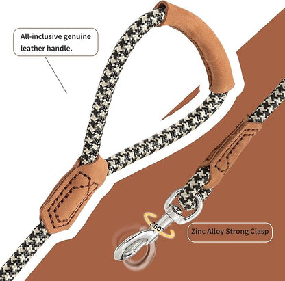 Mile High Life | Premium Leather Handle Dog Leash | Strong Rope Leash | Zinc Alloy Strong Clasp | Small Medium Large Dogs | 4/5/6 Feet(Black Khaki, 60 Inch (Pack of 1))