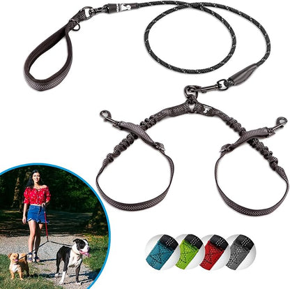 SparklyPets - Double Dog Bungee Rope Leash for 2 Small Dogs - Dual Dog Lead for Small Breeds - Soft Handles, No Tangle, Adjustable Couplers - Flow Leash, 2 Dogs Walking Accessory