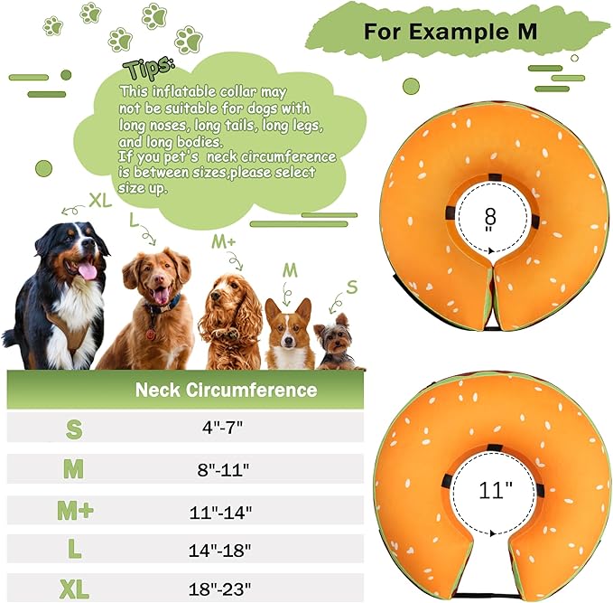 Inflatable Dog Cone Collar for Large Medium Small Dogs, Soft Adjustable Recovery Cone Collar for Dogs Cats,Dog Neck Donut Cone Alternative After Surgery(Hamburger,X-Large