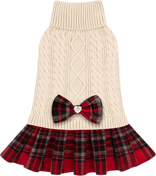 KYEESE Dog Sweater Stretchy Cat Sweaters Knitwear Dog Sweaters for Small Dogs Girl Soft Turtleneck Pet Sweater Dress Warm Pullover Pet Coats Thick Dogs Clothes with Bowtie for Cold Weather Winter