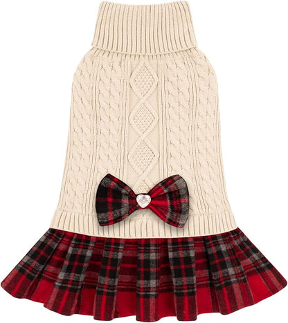 KYEESE Dog Sweater Knitwear Dog Sweaters for Small Dogs Girl Soft Turtleneck Pet Sweater Dress Thick Dogs Clothes with Bowtie Stretchy Cat Sweaters Warm Pullover Pet Coats for Cold Weather Winter