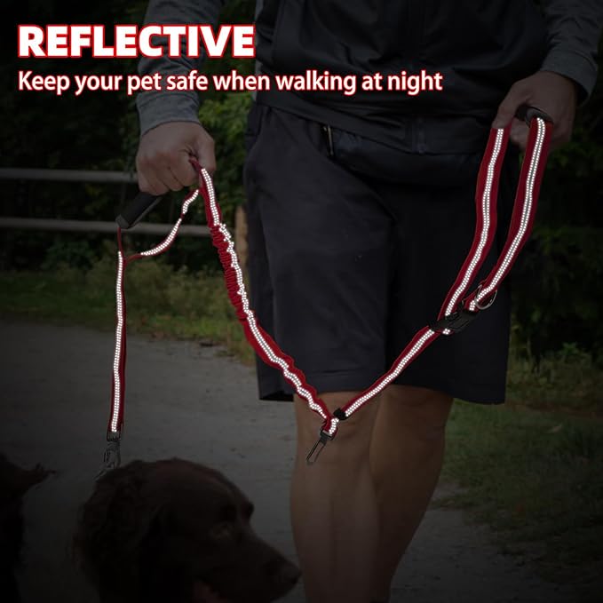 PUPTECK Heavy Duty Bungee Leash for Medium Large Dogs, No Pull Tactical Dog Leash with Double Handles for Training, Reflective with Car Seatbelt and Quick Release Buckle, Red