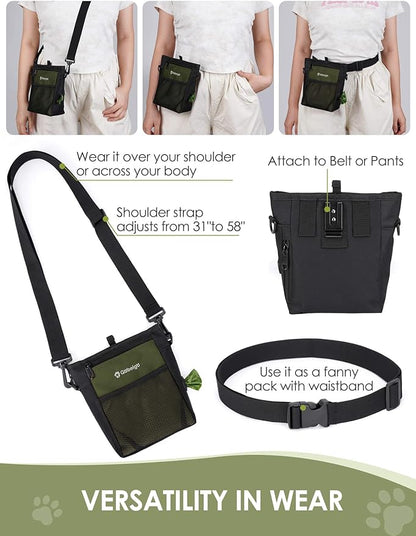 Gobeigo Dog Treat Pouch with Silicone Snack Bag, Front Pocket fits All Phones, 4 Cup Treat Bag with Training Clicker, Upgrade Stronger Magnetic Closure, 3 Ways to Wear Walking Fanny Pack (Army Green)