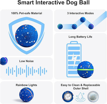 JEISOTHB Interactive Dog Toys Dog Ball, Durable E-TPU Material,3 Play Modes with Colorful Lights, Automatic Moving, Bouncing and Rotating for Medium and Large Dogs Indoor & Outdoor (Blue)