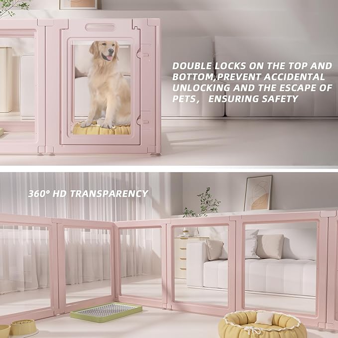 LoveTail DIY Clear Acrylic Dog Playpen House,Quick Easy Assembly and Disassembly,Strong Floor Suction,Indoor and Outdoor Use,Easy Cleansing Puppy Fence (Skin Pink, 30.3" H, 10PCS)