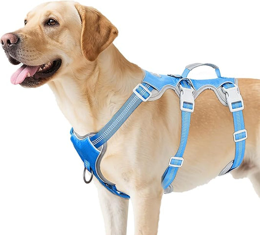 Huntboo Escape Proof Dog Harness, Escape Artist Harness, Reflective Harness with Padded Handle, Breathable, Durable, Adjustable Vest for Medium Dogs Walking, Training, and Running Gear (Blue, L)