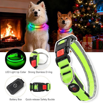 LED Dog Collar, Light Up Dog Collar USB Rechargeable, Nylon Adjustable Comfortable Soft Bright RGB 7 Colors Changing Safety Light Glowing Collar for Medium and Large Dogs(Medium,Green)