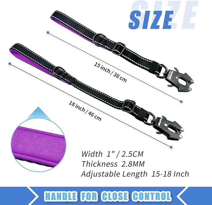 Strong Heavy Duty Dog Leash - Adjustable 15"-18" Reflective Nylon Training Leash with Padded Handle & Frog Clip, Traffic Control for Large Medium Dogs, No Pull Walking Black Purple