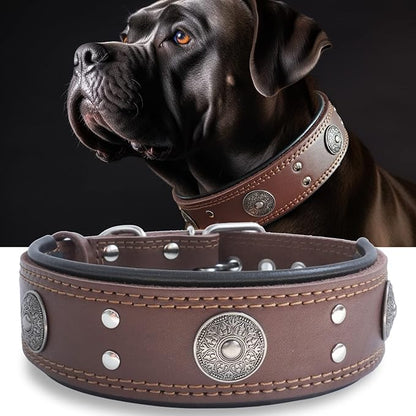 Leather Dog Collar, 2 inches Wide Heavy Duty Genuine Leather Collars, Handmade, Soft, and Luxury, Eye-catching Best Choice for Large and Medium Breed Dogs 15-19 ins
