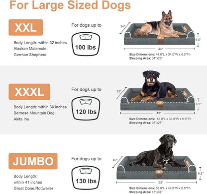 Large Dog Bed Orthopedic Washable: Jumbo Dog Bed Bolster Extra Large Dogs Egg Crate Foam Sofa Couch Waterproof Removable Cover - Dark Grey
