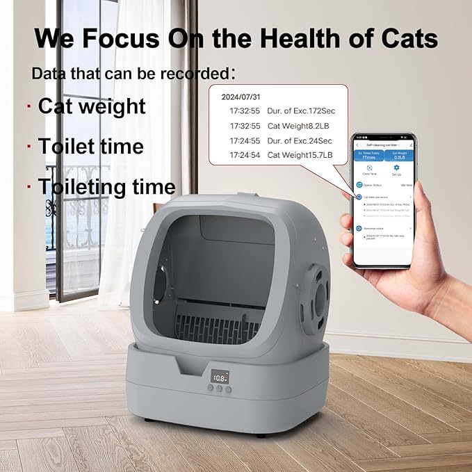 Mintakawa Automatic Cat Litter Box Self Cleaning - APP Control and Weight Monitoring - Ultra-Quiet, Suitable for Medium Cats and Kittens, Safe Anti-Pinch Litter Box (Assembly Required) - Light Grey