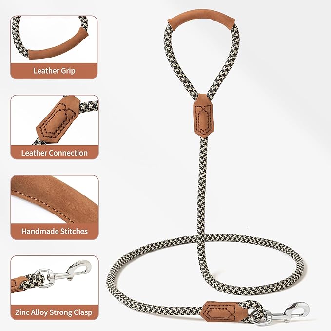 Mile High Life | Premium Leather Handle Dog Leash | Strong Rope Leash | Zinc Alloy Strong Clasp | Small Medium Large Dogs | 4/5/6 Feet(Black Khaki, 60 Inch (Pack of 1))