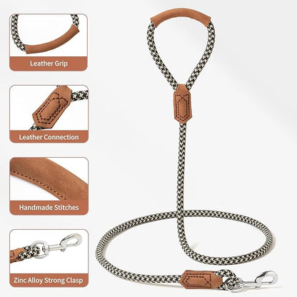 Mile High Life | Premium Leather Handle Dog Leash | Strong Rope Leash | Zinc Alloy Strong Clasp | Small Medium Large Dogs | 4/5/6 Feet(Black Khaki, 48 Inch (Pack of 1))