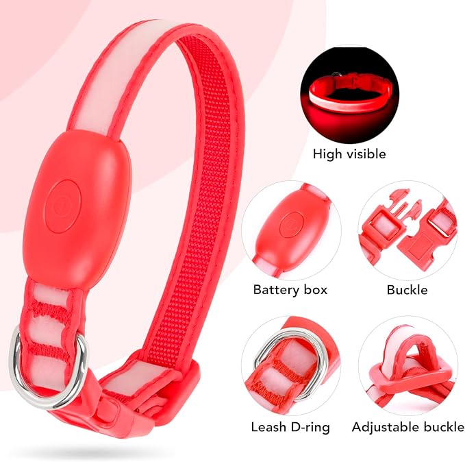 Light up Collar for Small Dog,Vizpet XS Adjustable Size Nylon Collar USB Rechargeable Bright Safety Pet Collar for Cats Small Dogs(Red, X-Small[ 8.66-11.9 inch/22cm-30cm])