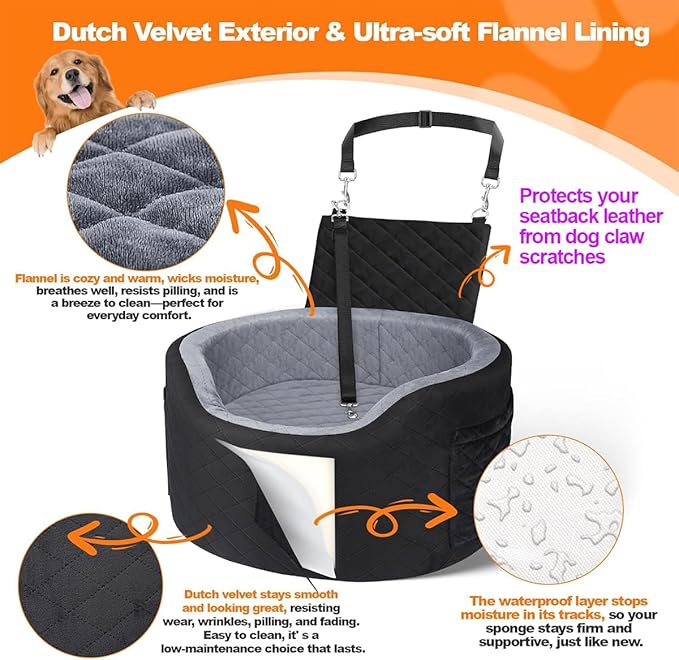 Dog Booster Car Seats for Small Medium Dogs, Fits Dogs Under 19", 28D High-Density Memory Foam with Waterproof Cover, Pet Travel Bed with Storage Pockets, Blanket, Dog Safety Belt, Black