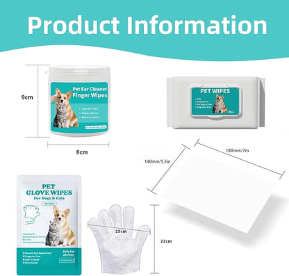 LEOARWE Pet Wipes 3-in-1 Kit for Dogs & Cats - Pet Cleaning Gloves, Ear Cleaner Finger Wipes & Body Wipes, Hypoallergenic Thickened Formula, Deodorizing & Rinse-Free for Grooming Travel