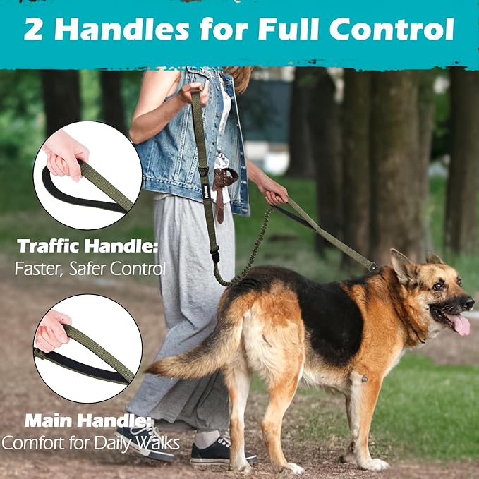 PetBonus Heavy Duty Tactical Dog Leash, 5 FT Bungee Shock Absorption Leash with 2 Padded Handles, Quick Release Metal Clip, Car Seatbelt, No Pull Training Lead for Large Medium Dogs（Army Green）