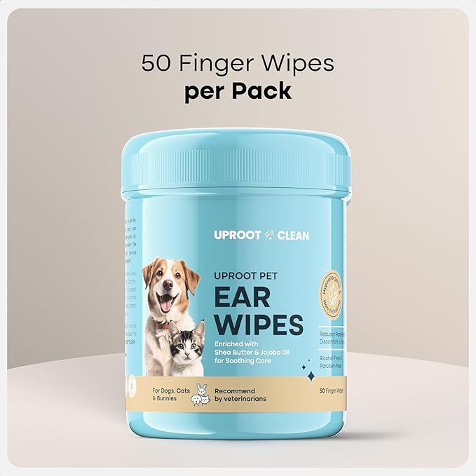 Uproot Clean Cat & Dog Ear Cleaner Finger Wipes (50ct.): Disposable Dog Ear Wipes Enriched with Shea Butter & Jojoba Oil - Cleaner Removing Wax Build Up, Help with Odor Discomfort
