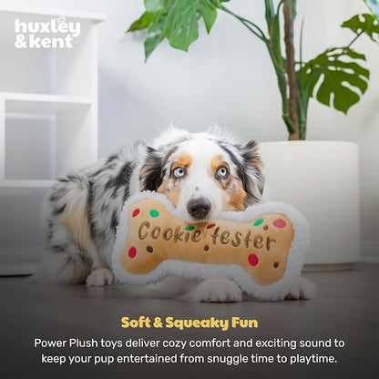 Huxley & Kent Funny Dog Toy w/Squeaker – Holiday Power Plush Squeaky Dog Toys for Small, Medium & Large Dogs – Soft Stuffed Animal for Indoor Play & Fetch - Cookie Tester Bone, Small