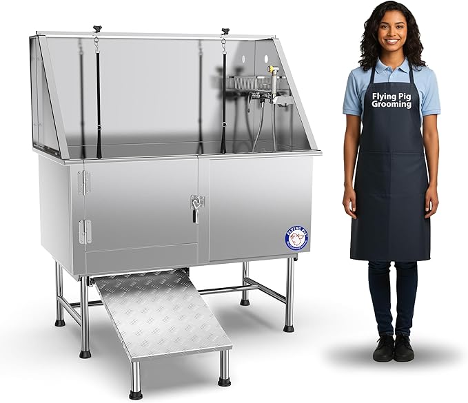 Flying Pig 50" Stainless Steel Pet Dog Grooming Bath Tub with Walk-in Ramp & Accessories (Left Door/Right Drain)
