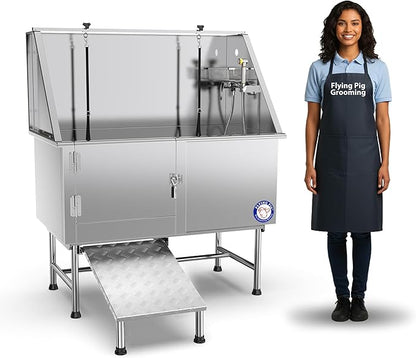 Flying Pig 50" Stainless Steel Pet Dog Grooming Bath Tub with Walk-in Ramp & Accessories (Left Door/Right Drain)