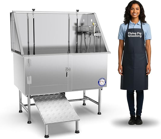 Flying Pig 50" Stainless Steel Pet Dog Grooming Bath Tub with Walk-in Ramp & Accessories (Left Door/Right Drain)