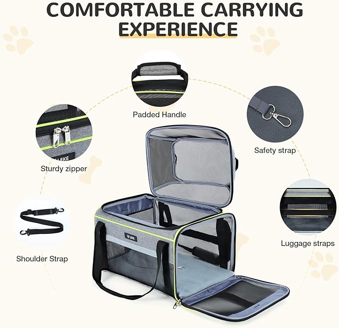 Lekereise Top-Expandable Pet Carrier 17x11x9.5 Inch Alaska Hawaiian Airline Approved Soft Sided Underseat to 12lbs Travel Carriers for Small Cats and Dogs with Locking Safety Zippers Anti-Scratch Mesh