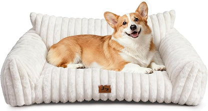 Warmrest Dog Couch for Pets, Cute Small Dog Bed Medium Size Dogs with Cozy Soft Faux Rabbit Fur for Small & Medium Dogs, Supportive Pet Sofa with Removable Washable Cover, Cream, 36"