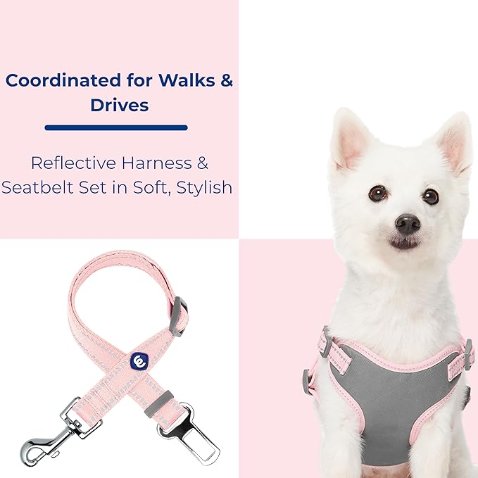 Blueberry Pet Pastel Colored Reflective Dog Harness with Seatbelt Clip – Adjustable No-Pull Pet Vest for Walking and Car Safety, Medium in Baby Pink
