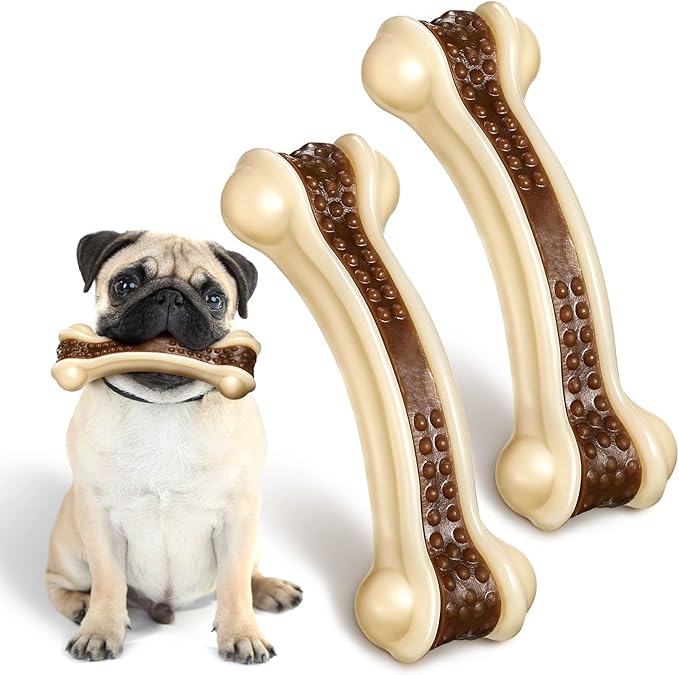 Sosation Bones Shaped Dog Toys for Aggressive Chewers, 2 Pack Christmas Dog Chew Toys Puppy Teething Nylon Beef Flavor for Large/Medium/Small Puppies Breeds(Curved Bone,Large)