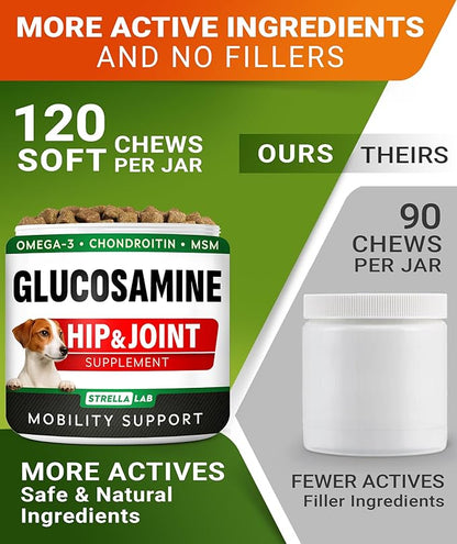 Glucosamine Treats for Dogs - Joint Supplement w/Omega-3 Fish Oil - Chondroitin, MSM - Advanced Mobility Chews - Joint Pain Relief - Hip & Joint Care - Hickory Bacon Flavor - 120 Ct - Made in USA