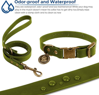 Wisedog Dog Collar and Leash Set, Waterproof Adjustable Puppy Collars with Cute Tag 6FT Dog Leash with Poop Bag for Small Medium Large Dogs (XL, Green)