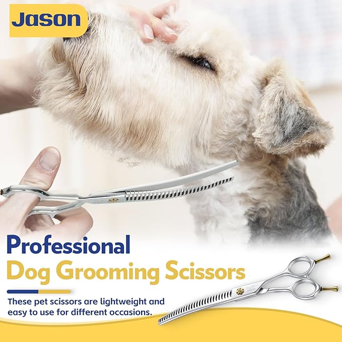 JASON 7" Dog Grooming Shears - Professional Down-curved Chunker Shears with 60%-65% Thinning Rate, Japanese 440C Stainless Steel Dog Grooming Chunkers with Adjustable Screw (28 Teeth, Silver) Gift