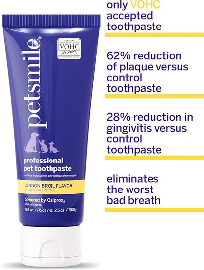 Petsmile Professional Pet Toothpaste for Cats & Dogs - Only VOHC Accepted Toothpaste - Clinically Proven to Control Plaque & Tartar Calprox Formula (London Broil, 2.5 Oz)